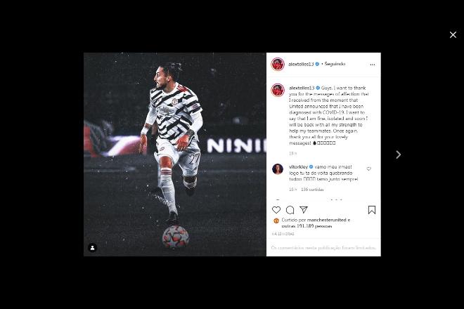 Alex Telles, do Manchester United e seleção, testa positivo para Covid-19