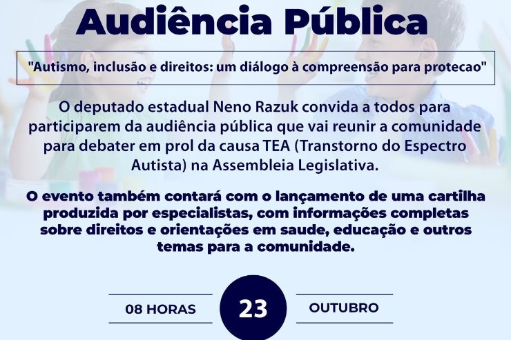 Lançamento de cartilha e audiência pública sobre TEA terá palestras de especialistas