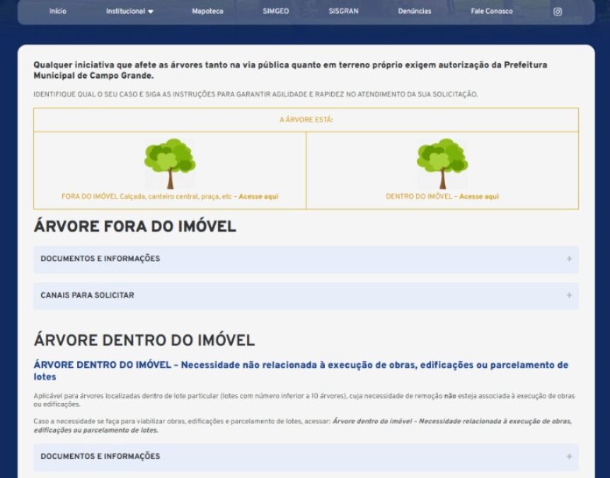 Solicitações para poda e remoção de árvores também poderão ser registradas de forma on-line