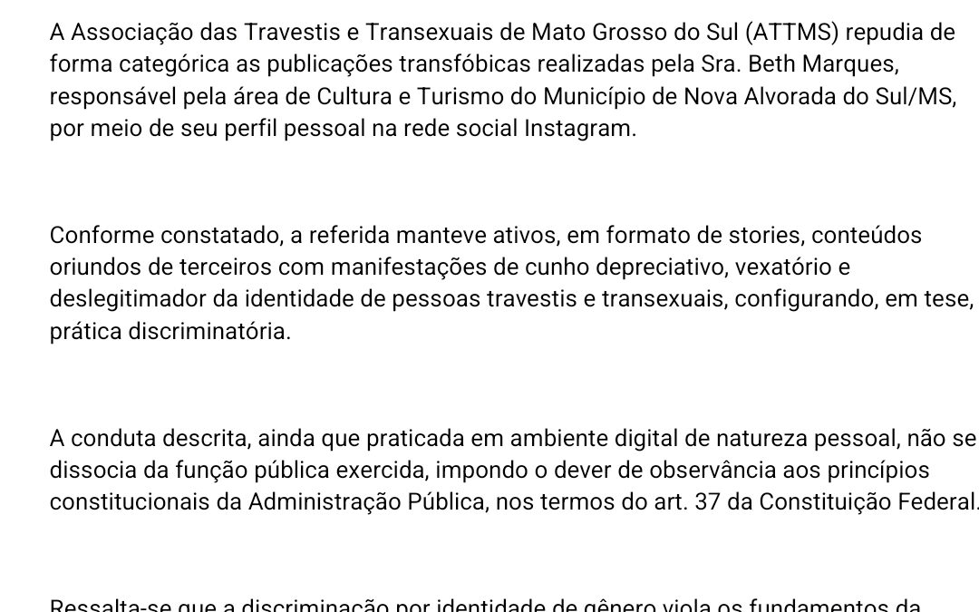 ATTMS faz nota de Repúdio às publicações transfóbicas realizadas pela Sra. Beth Marques, responsável pela área de Cultura e Turismo de Nova Alvorada do Sul/MS