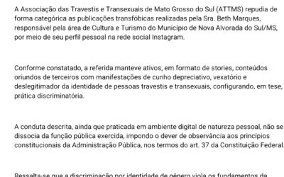 ATTMS faz nota de Repúdio às publicações transfóbicas realizadas pela Sra. Beth Marques, responsável pela área de Cultura e Turismo de Nova Alvorada do Sul/MS